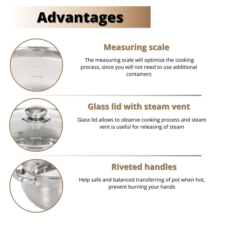 Daniks Classic Stainless Steel Stock Pot with Glass Lid - Induction 2 Quart  Dishwasher Safe  Measuring Scale  For Soup  Pasta  Stew  Silver - Image 4